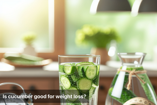 A glass of cucumber water with a measuring tape and an alarm clock in the background