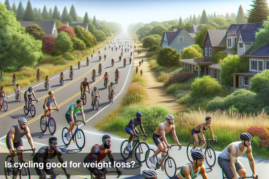 A scenic road filled with cyclists promoting cycling for weight loss and fitness.