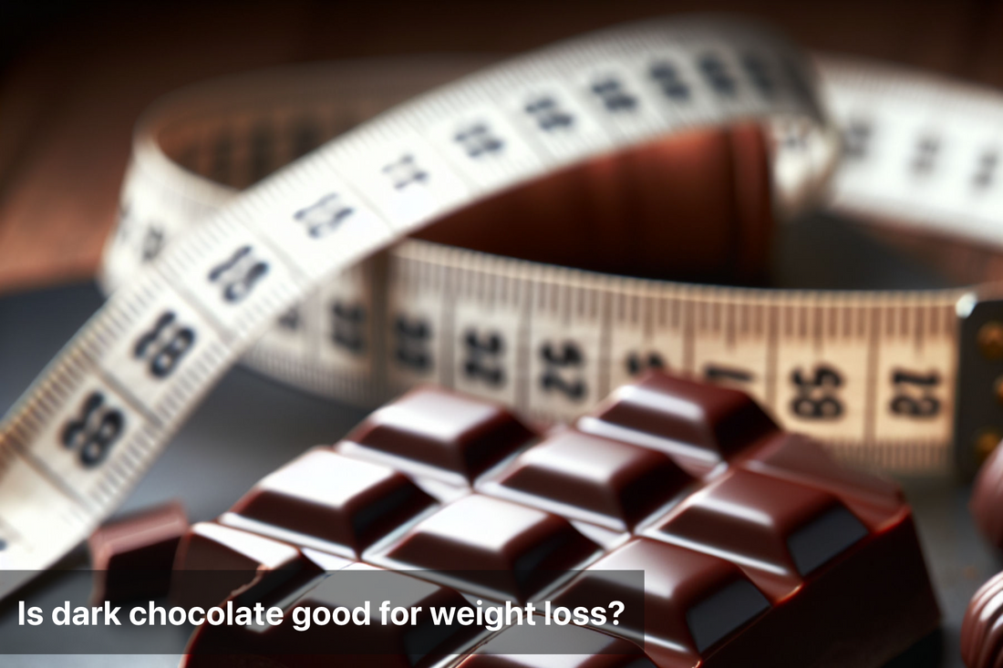 A close-up image of dark chocolate and a measuring tape, representing the question of whether dark chocolate can aid in weight loss.