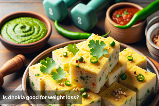 A plate of dhokla with herbs and condiments, symbolizing healthy eating.