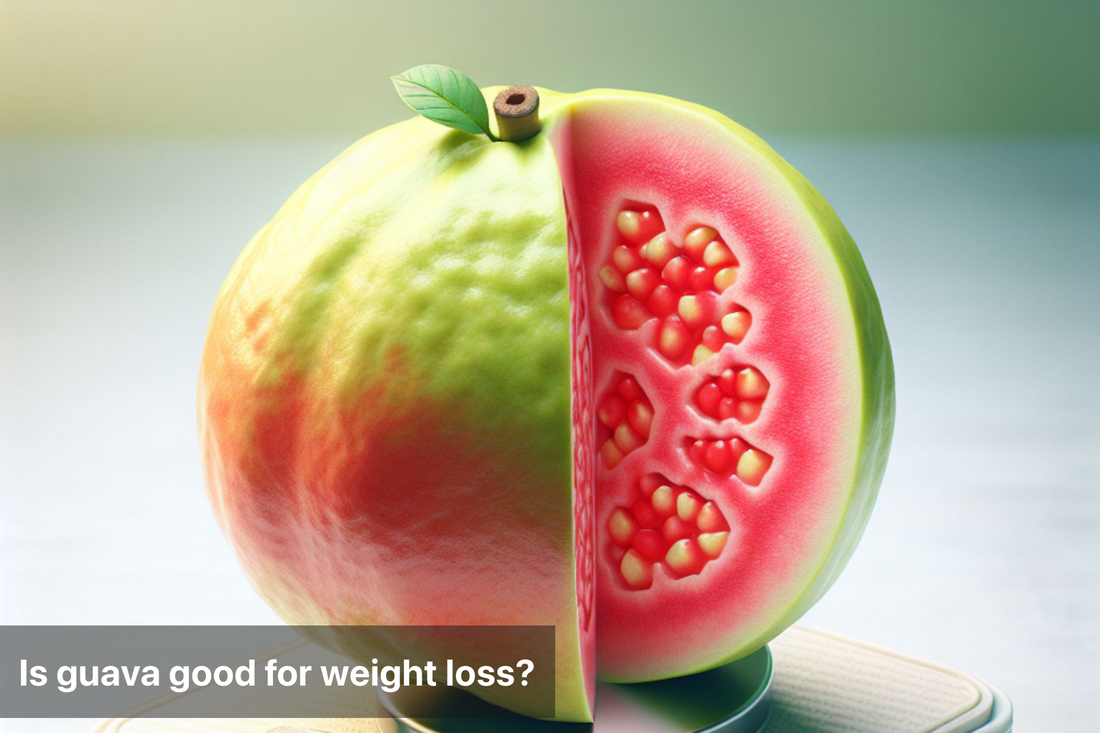 Fresh guava sliced to show its pink interior, promoting weight loss benefits.