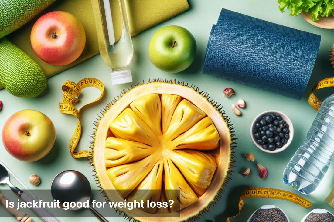 Healthy foods featuring fresh jackfruit, apples, and fitness gear for weight loss.