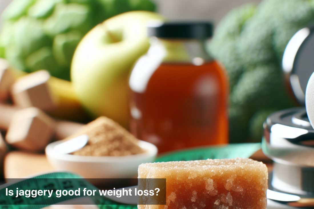 Close-up of a piece of jaggery with a measuring tape and healthy ingredients in the background, suggesting its potential benefits for weight loss.