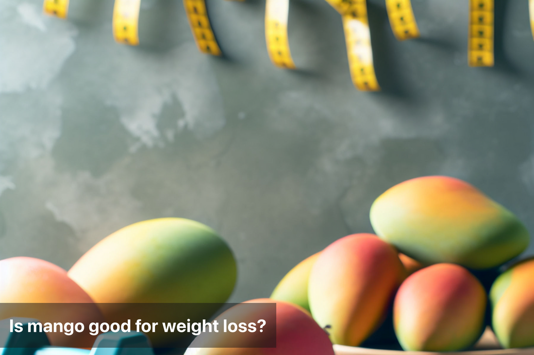 Colorful mangoes and dumbbells symbolizing weight loss benefits