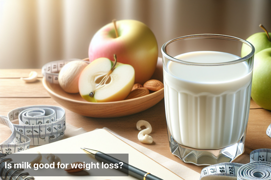 Glass of milk, apple, almonds, and measuring tape on a wooden table