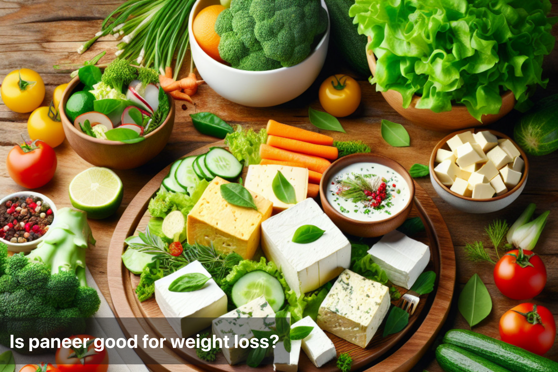 A platter of paneer cheese with fresh vegetables, including broccoli, cucumbers, and tomatoes. 