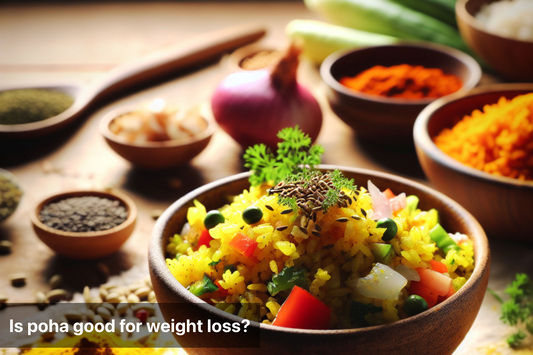 A bowl of delicious poha, a popular Indian breakfast dish, with various spices and vegetables