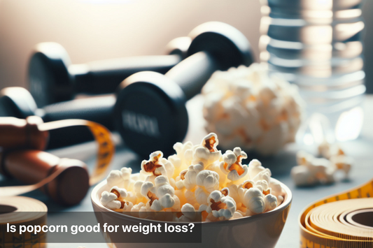 Healthy popcorn snack with dumbbells and measuring tape