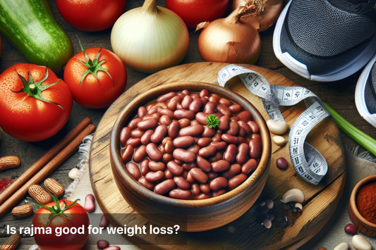 Healthy ingredients including rajma, vegetables, and sports gear