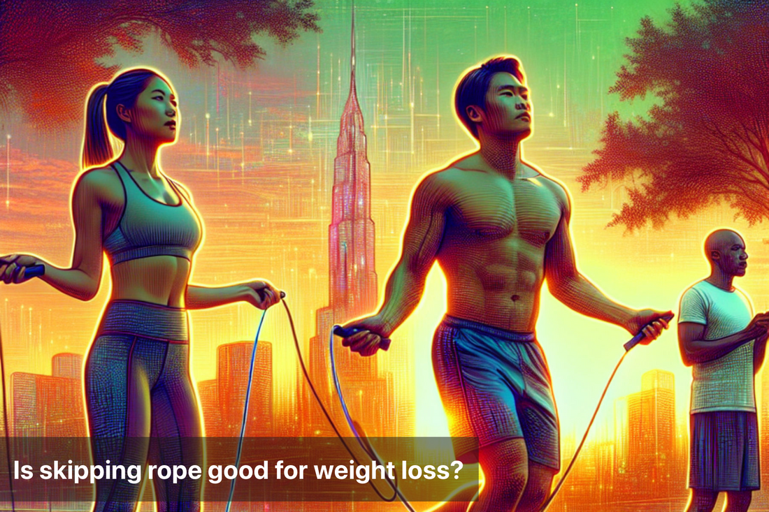 People skipping rope in a vibrant cityscape, promoting weight loss.