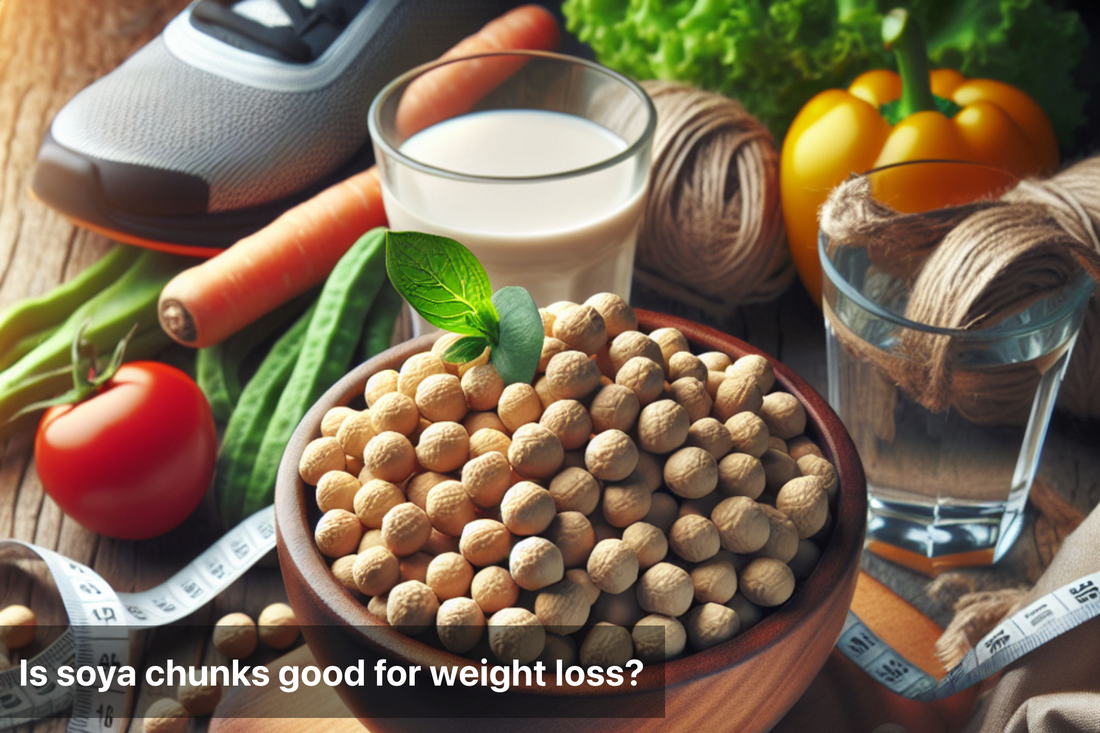 A bowl of soya chunks, vegetables, a measuring tape, and a glass of soy milk, representing healthy weight loss options.