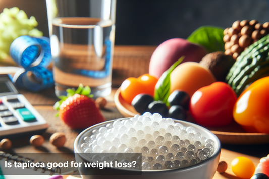 A bowl of tapioca surrounded by fresh fruits and water, promoting healthy weight loss.