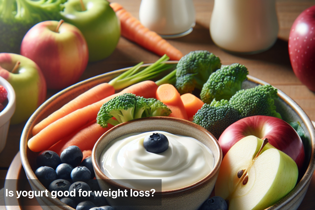 Healthy foods including yogurt, fruits, and vegetables promoting weight loss