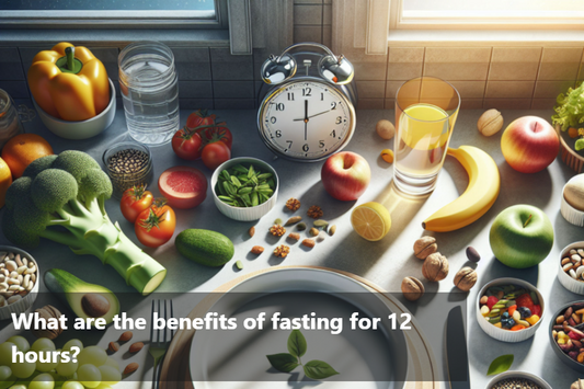 Healthy foods and a clock, representing 12-hour fasting benefits.