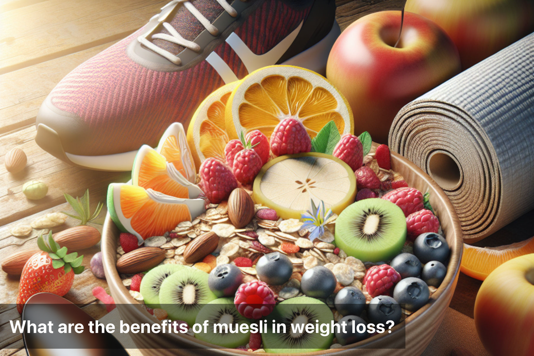 Bowl of muesli with fruits, nuts, and a fitness shoe and yoga mat