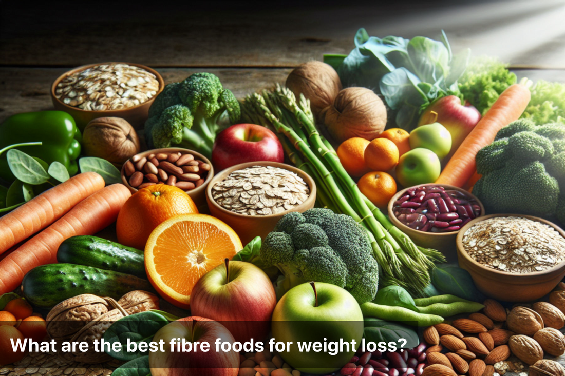 Assortment of fiber-rich foods for weight loss, including fruits, vegetables, nuts, and grains