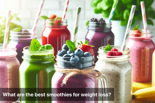 Colorful assortment of smoothies with fruits and berries in mason jars, perfect for weight loss