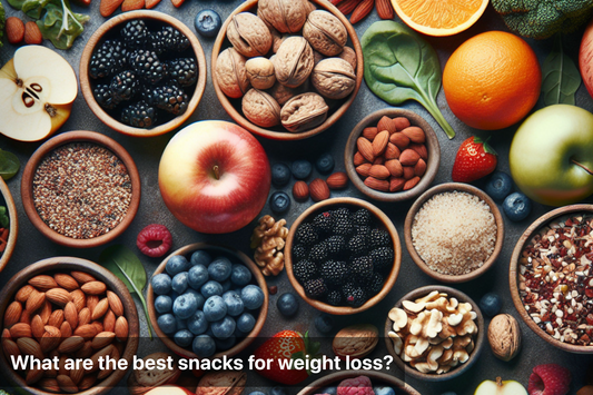 A variety of healthy snacks for weight loss, including fruits, nuts, and seeds.