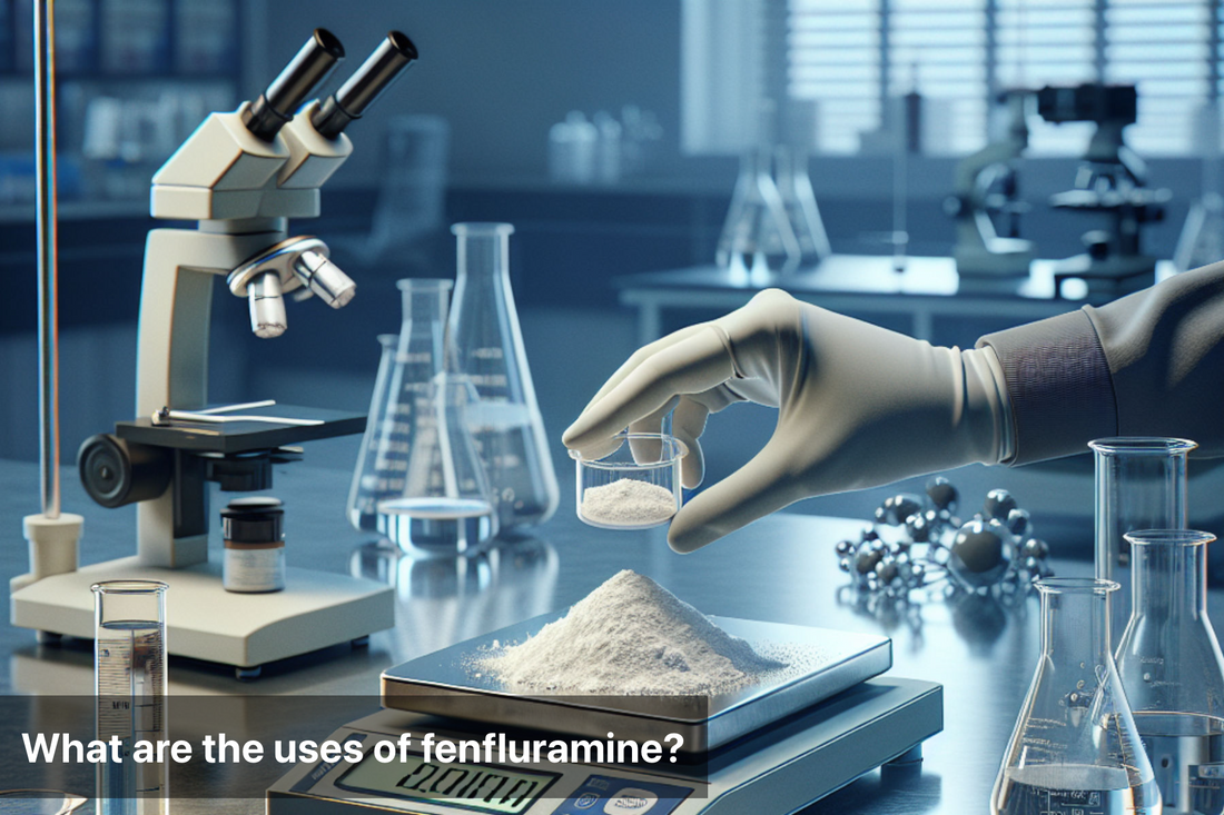 A scientist's gloved hand carefully measures fenfluramine powder in a laboratory setting, highlighting the scientific research and analysis involved.