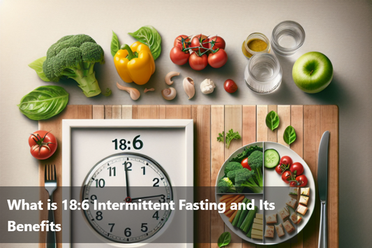 Clock showing 18:6 intermittent fasting with healthy foods.