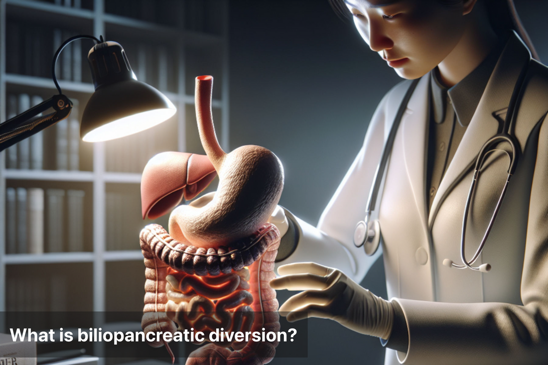 Medical professional examining a model of the digestive system related to biliopancreatic diversion