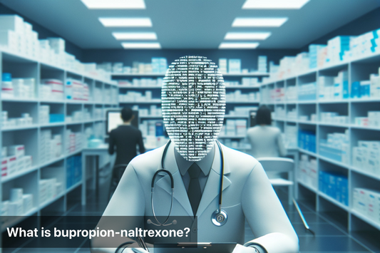 A robotic doctor in a pharmacy, representing the information provided on Bupropion-Naltrexone (Contrave) medication.