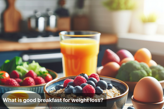 A table with a variety of healthy breakfast options, including oatmeal with blueberries and raspberries, a hard-boiled egg, and a glass of orange juice.