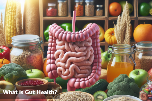 Illustration of gut health surrounded by healthy foods and drinks