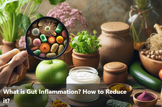 Hand holding a magnifying glass over foods and probiotics, illustrating gut health and inflammation.