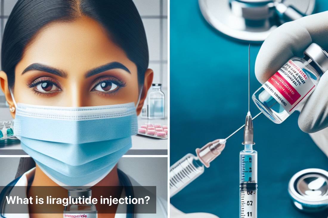 Doctor holding a Liraglutide injection, medical equipment in background.  Information on Liraglutide injection dosage and use.