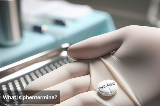 Phentermine tablet in a hand covered with glove