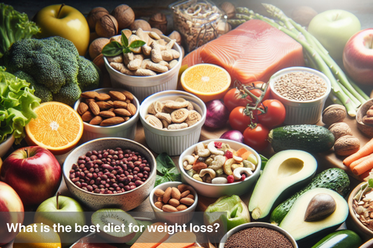 Assortment of healthy foods for weight loss, including fruits, vegetables, nuts, and protein.