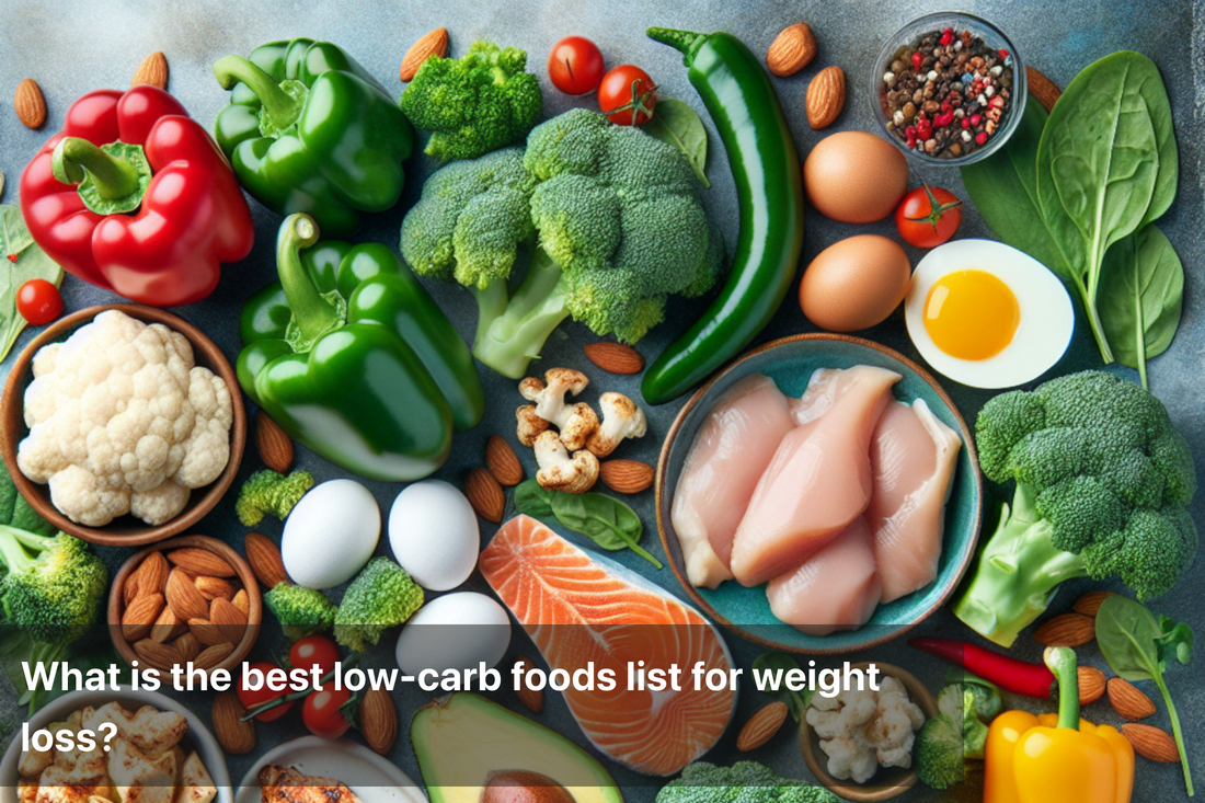 Variety of low-carb foods including vegetables, proteins, and healthy fats for weight loss