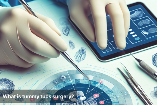 Medical illustration of tummy tuck surgery process with tools and digital interface.