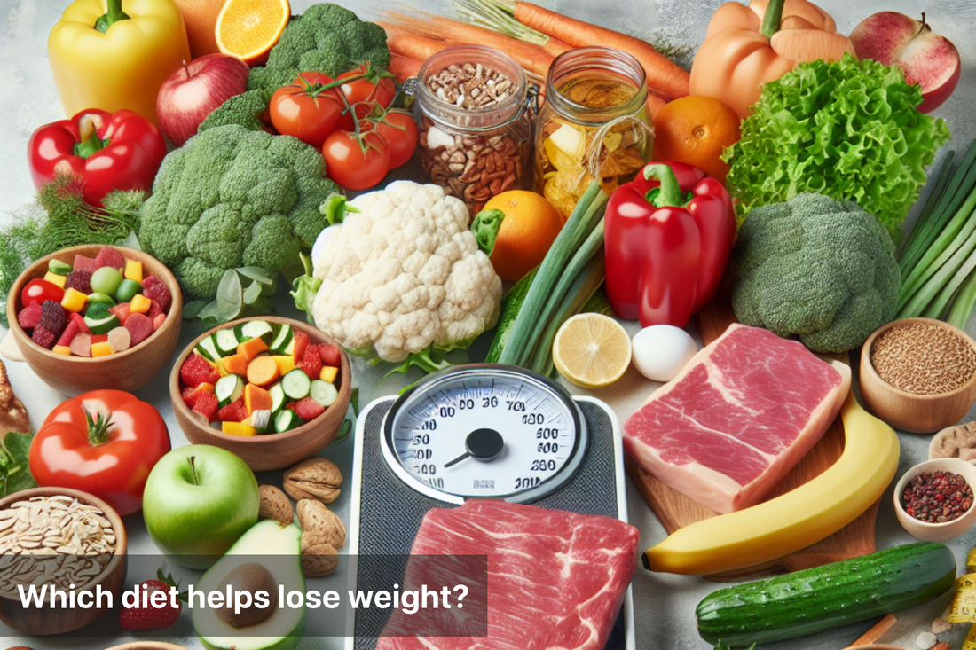 A banner image showing various food items on a scale, including vegetables, fruits, meat, and nuts, representing a healthy diet for weight loss.