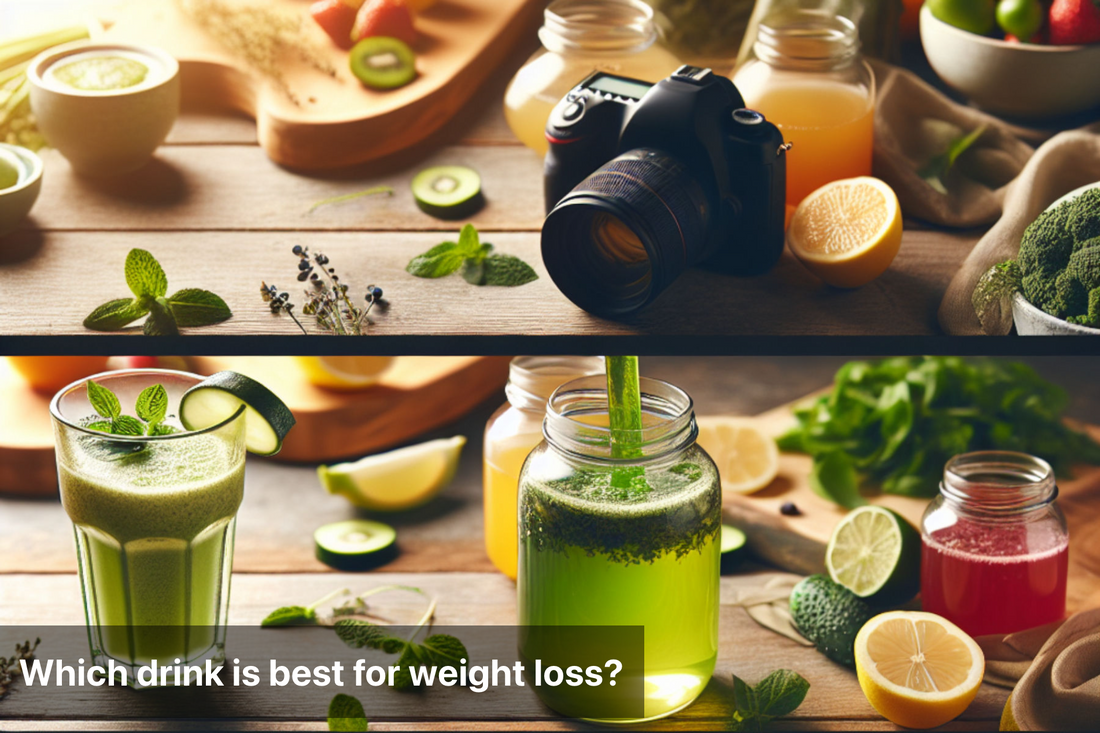 A close-up of green smoothies, with a camera in the background, highlighting the refreshing and healthy nature of these drinks.