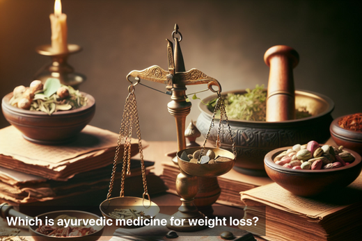 Ayurvedic weight loss remedies, herbs and spices on a scale with ancient books