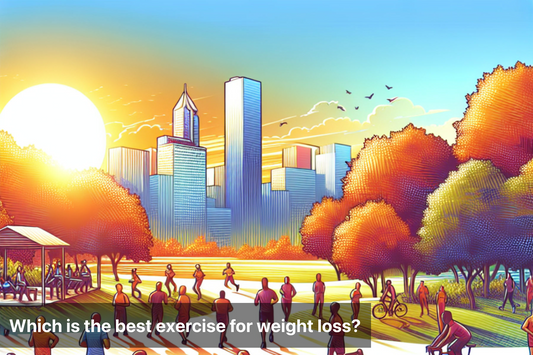 People exercising in a park with a city skyline in the background